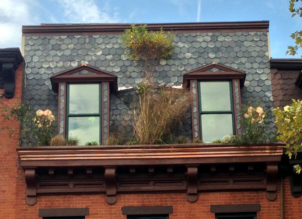 The Eco Brooklyn show house combines original details like the slate and painted flowers with new details like the planters.