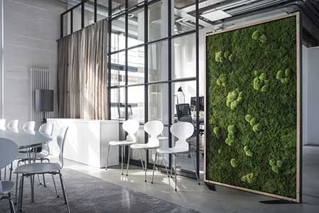 preserved moss wall in a large dining space